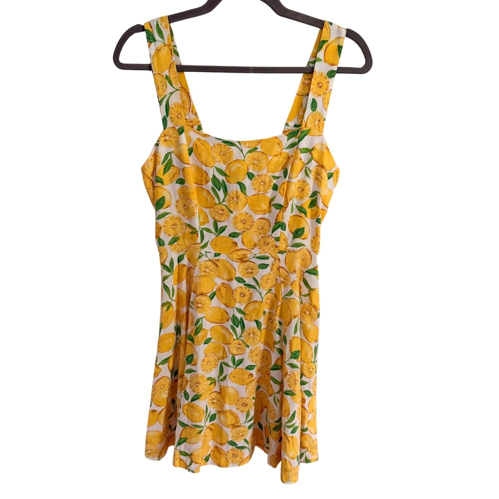 Haute Monde Lemon Print Sun Dress Yellow White Linen Small Whimsy Resort Beach